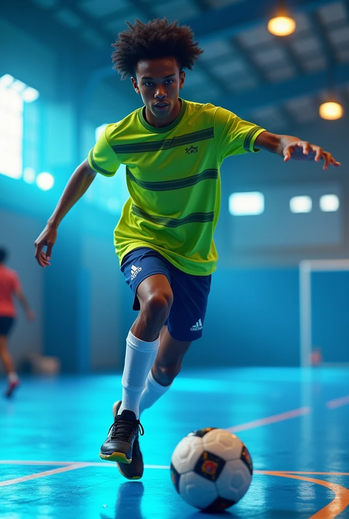 Generate an image of a person about  kicking a ball. He is on a futsal court well lit by white neon lights.. The court floor is blue with orange lines. Your skin is brown and your hair is curly black. His shirt is lime green with horizontal avocado green stripes.. His shorts are navy blue and his socks are halfway up his shin and are completely white.. Your sneakers are black. Your face suggests courage and strength. 