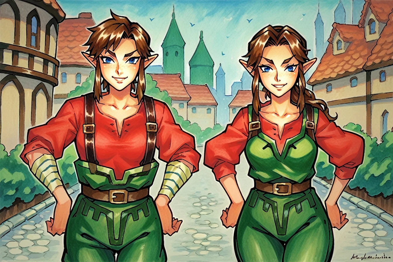 2girls, 1boy, outdoors, city,  link, \(legend of zelda)\ smile, hands on own hips, cowboy shot, looking at viewer, m0n3t, traditional media,
2girls, outdoors, city, tall girl, 1girl, (tphna:1.2), 1girl, solo, freckles,  red shirt, 
score_9, score_8_up, score_7_up, score_6_up, score_5_up, score_4_up, source_anime, masterpiece