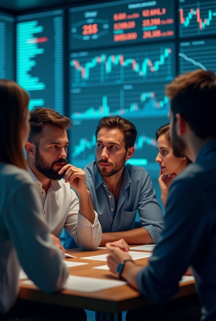 some group of people sit and think about trading, in the background some trading charts