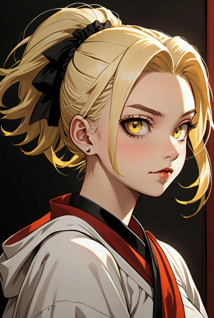my hero academia girl toga himiko ash blonde hair yellow eyes with hair tied back with fang goth 