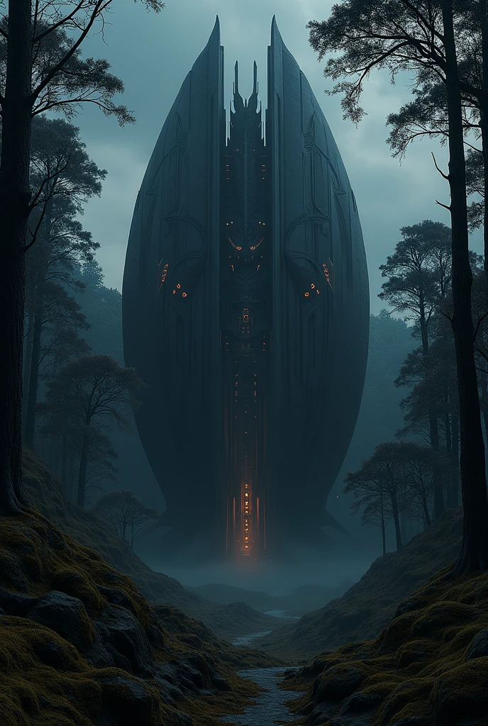 big black color alien ship shaped mansion in the middle of the forest at night