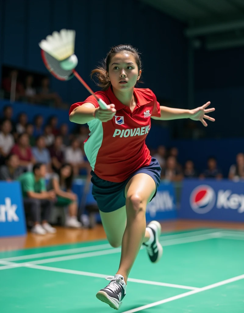 (Photorealism:1.2), beautiful woman, She is playing badminton.. South Korea national team player. Shuttlecock