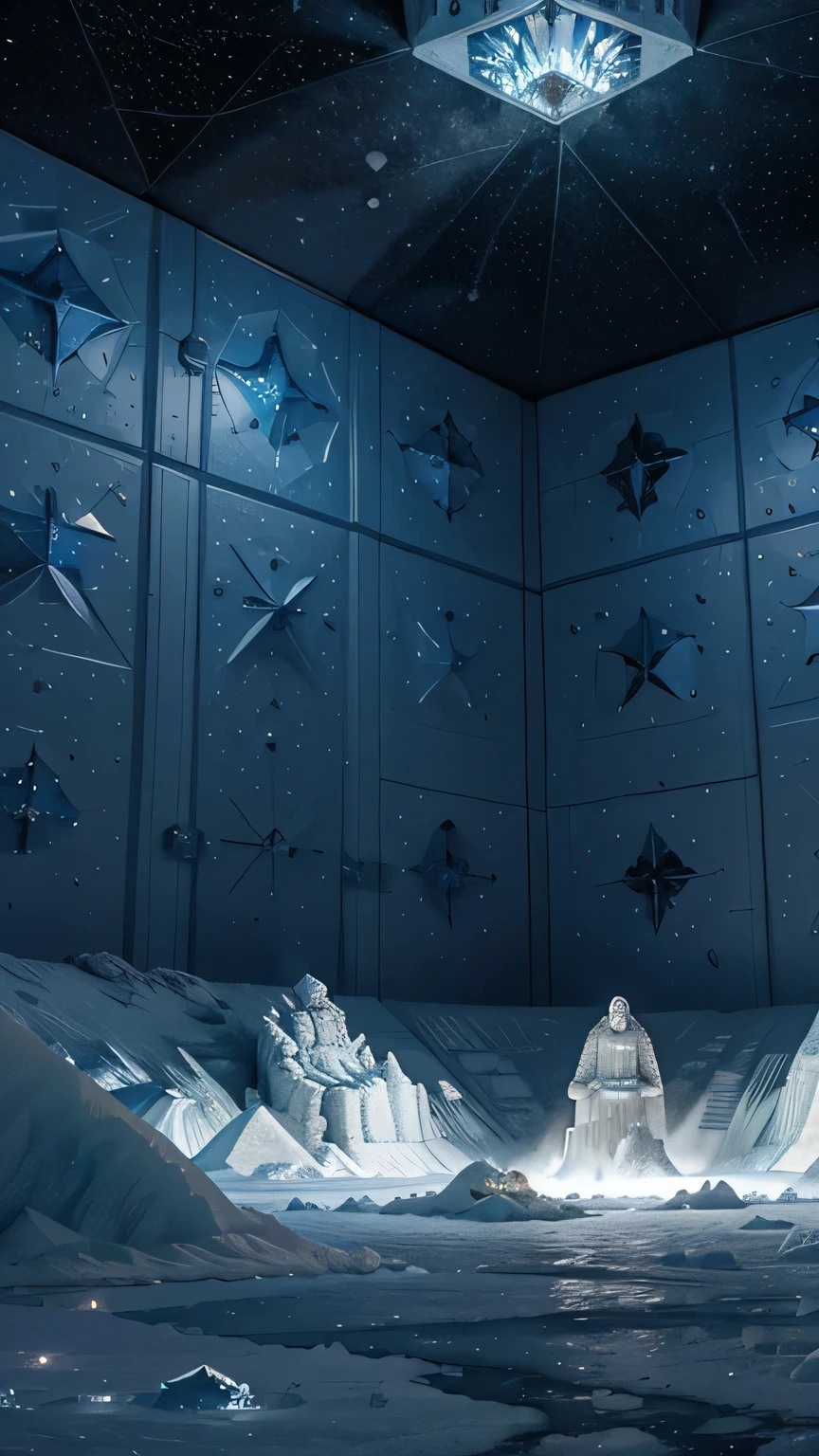 advanced society living in the middle of the ice, with crystal orbs flying over the city, hostile and cold environment, inhabitants with human bodies and titanium suits, led eyes, vestiges and symbols on the walls, people meditating, In the background there are giant ice walls, A constellation can be seen in the sky