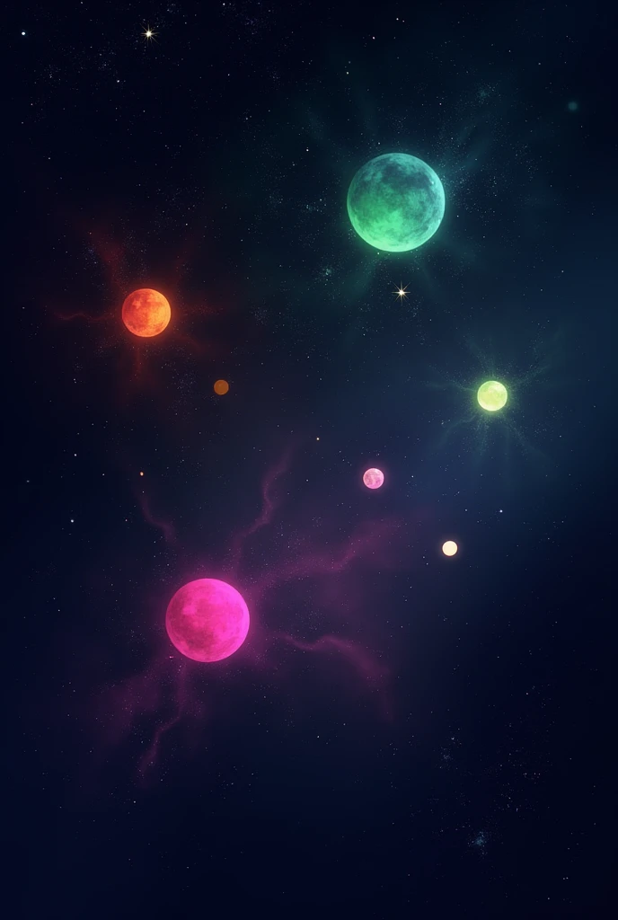 Cute single round color block background image with dark background,The round color blocks should be bright and high-saturation, with a sense of universe and magic. The single round color blocks should be spread out, not concentrated. The single round color block should contain more colors.:red,orange,yellow,green,dark blue,pink