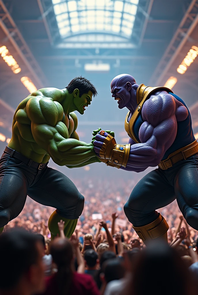 Hulk and Thanos doing Arm wrestling in Madison square garden
