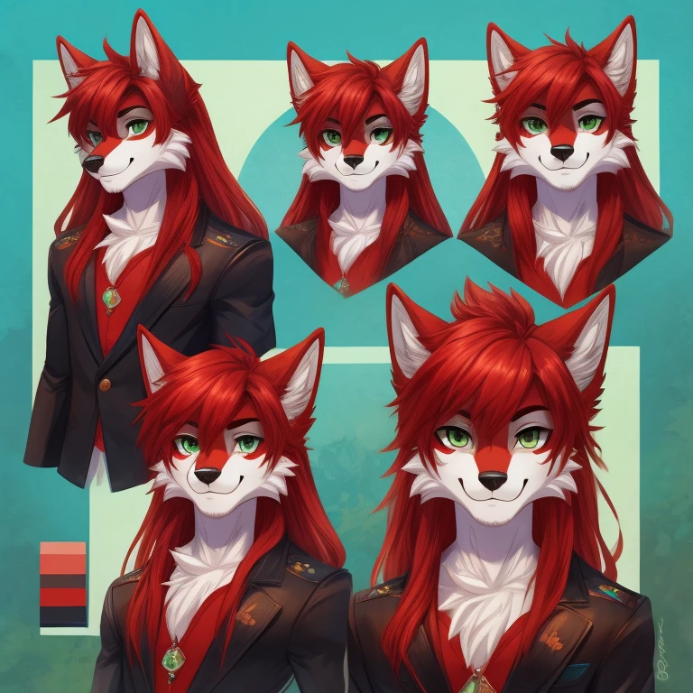 male original character reference sheet adoptable, redhead, green eyes, long hair, looking at viewer, smile, bangs, animal ears, wolf ears red, wolf tail fluffy red, turquoise clothing, body full, various positions 