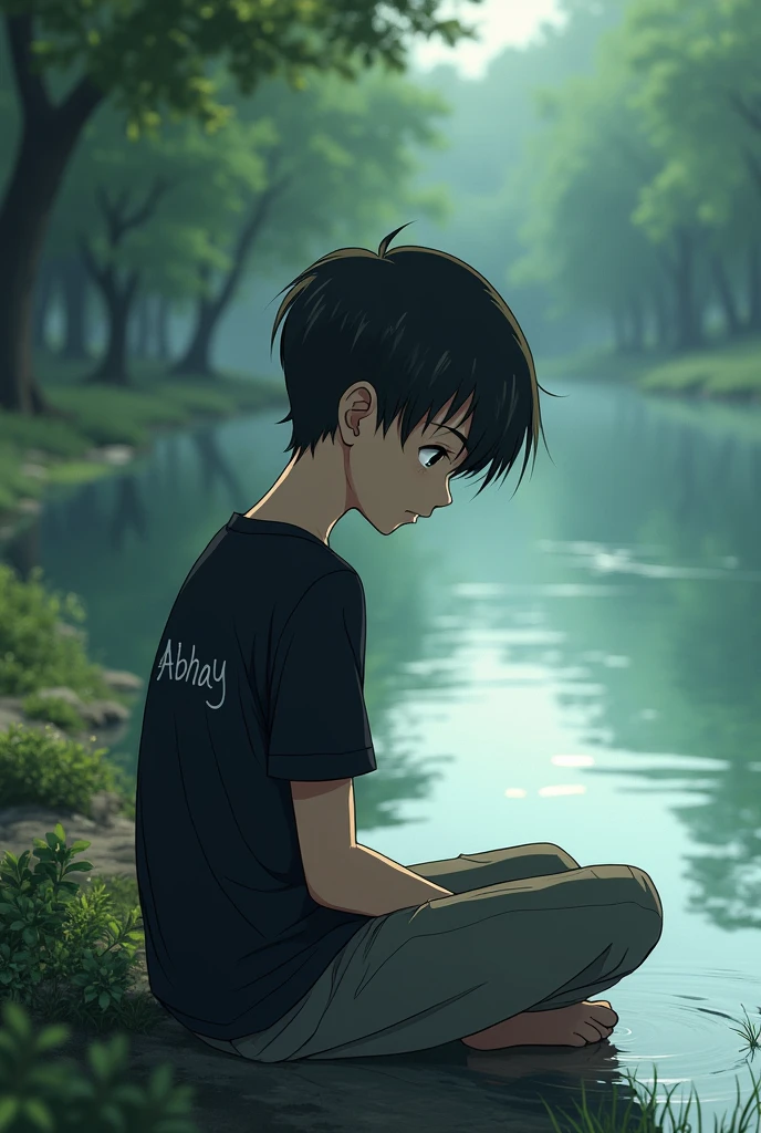 A young anime boy in black shirt and his shirt name is abhay and he was sad and siting behind a river