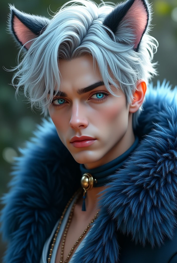 A very attractive man, Manly and young with silver hair and very vibrant blue eyes, Cheshire Cat themed clothing, flirtatious but firm look, few extravagant clothes, silver and blue cat ears, Bell collar and blue and black fluffy fur coat.