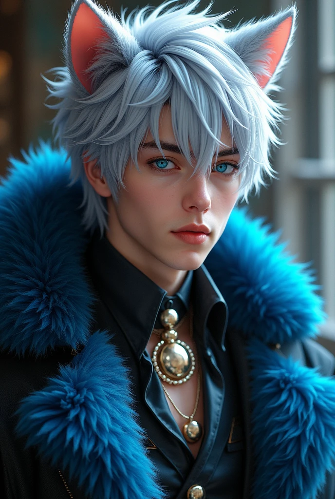 A very attractive man, Manly and young with silver hair and very vibrant blue eyes, Cheshire Cat themed clothing, flirtatious but firm look, few extravagant clothes, silver and blue cat ears, Bell collar and blue and black fluffy fur coat.