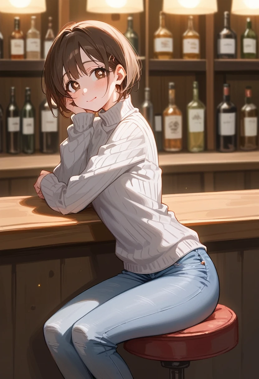 (masterpiece, Highest quality, Very detailed) (One person:1.5),Nene Kasaki々、Shiny brown hair, short hair, (Beautiful brown eyes、Sparkling eyes, fine grain)、smile、Very fine eye、Very detailed顔, Very detailed目,Cowboy Shot、 8k, Highest quality, Realistic photos, Realistic details, Clear Face, Delicate facial features, Real Skin Glow, pretty girl, shy, To the camera, Sitting at a bar, She is wearing a grey mesh tights sweater and tight jeans., Clear Bar Background,, She's at the bar, arms resting on the counter, Hip, the body is slim, charm, Seductive eyes