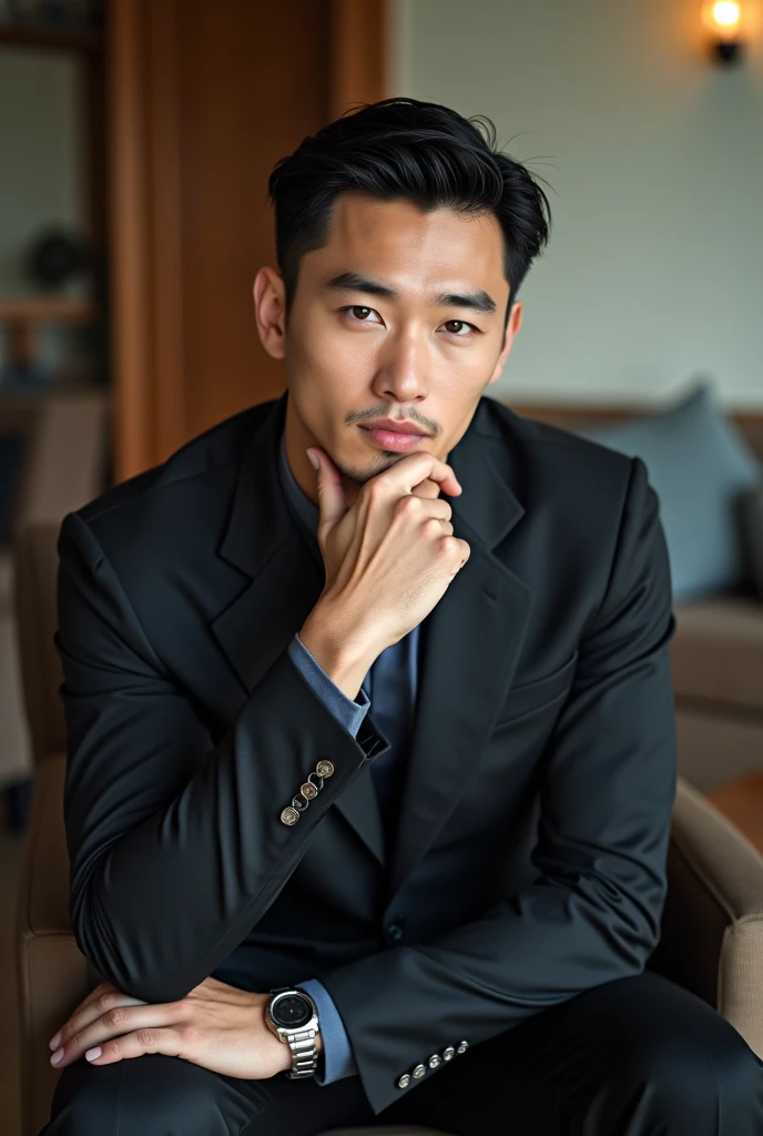 Belle homme en costume type japanese jeune muscle blond au yeux bleu, Photographed with a smartphone, Selfie, Top quality, 1 beautiful men, Perfect Face, Japanese men, age 41, suit, short hair, black hair, Sitting in a chair, hands on chin, Posing like a magazine cover,