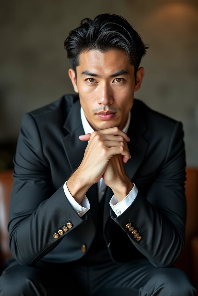 Belle homme en costume type japanese jeune muscle blond au yeux bleu, Photographed with a smartphone, Selfie, Top quality, 1 beautiful men, Perfect Face, Japanese men, age 41, suit, short hair, black hair, Sitting in a chair, hands on chin, Posing like a magazine cover,