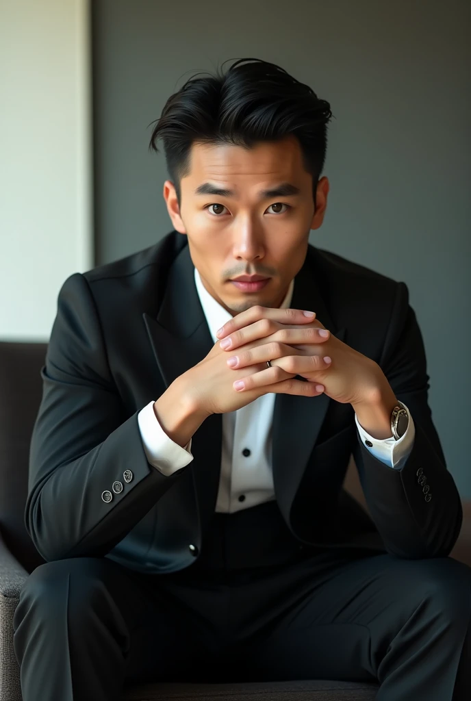 Belle homme en costume type japanese jeune muscle blond au yeux bleu, Photographed with a smartphone, Selfie, Top quality, 1 beautiful men, Perfect Face, Japanese men, age 41, suit, short hair, black hair, Sitting in a chair, hands on chin, Posing like a magazine cover,