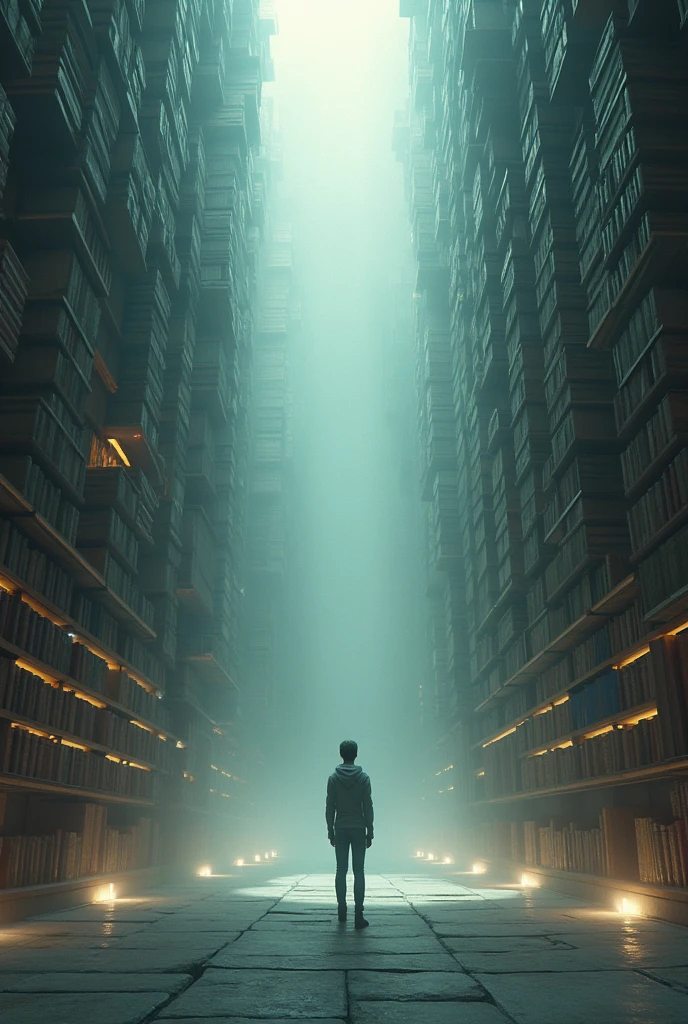 Please draw a picture of a person standing in the middle of his subconscious mind which is a large, spacious library room with huge floating bookshelves surrounding it.