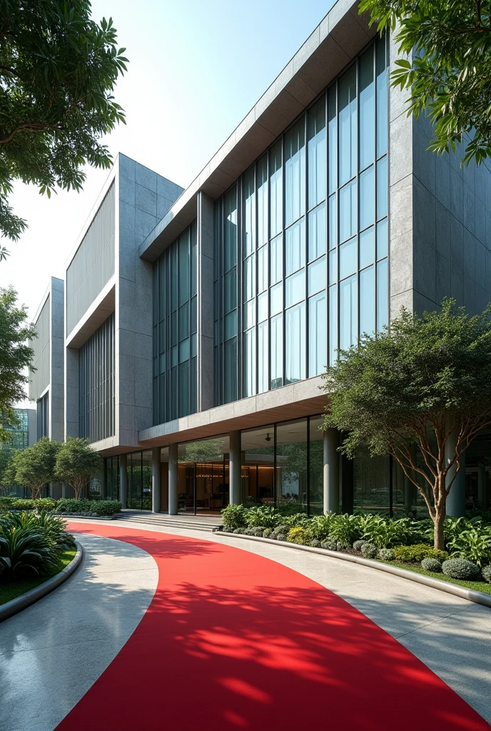 A corporate building headquarters with Singaporean architecture with it's own compound not sorounded with any other building,the compound has a driveway with red carpet on the entrance I don't want tiles structure on the building