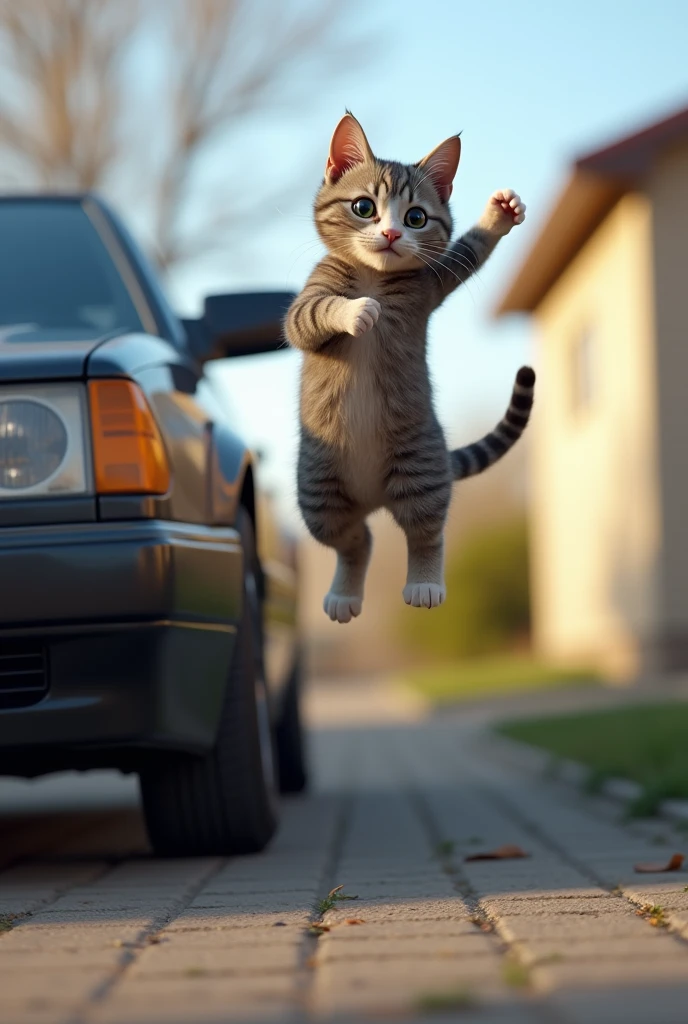 A cat jump over the car