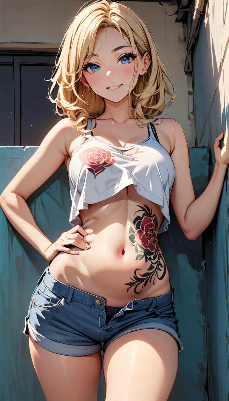 Beautiful Caucasian Girl, Blue Eyed, Golden Hair, He has several tattoos all over his body., Wearing shorts, The outline of her thighs is clearly visible, Wearing a short blouse, Show me your belly
