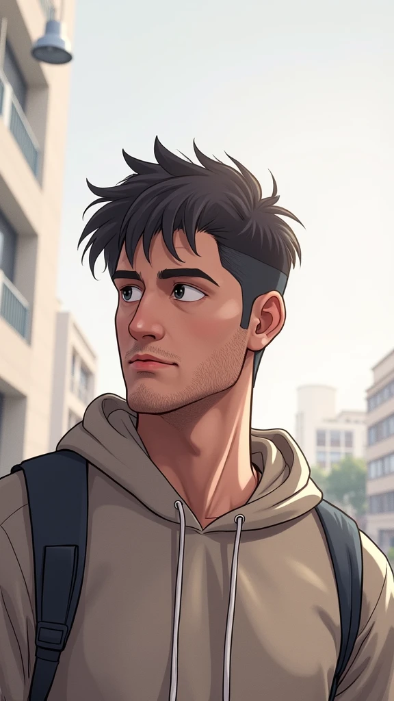 A 30 year old man in a quiet street, wearing cream coloured slim fit hoodie, grey chinos and navy plimsols, full body, looking at viewer