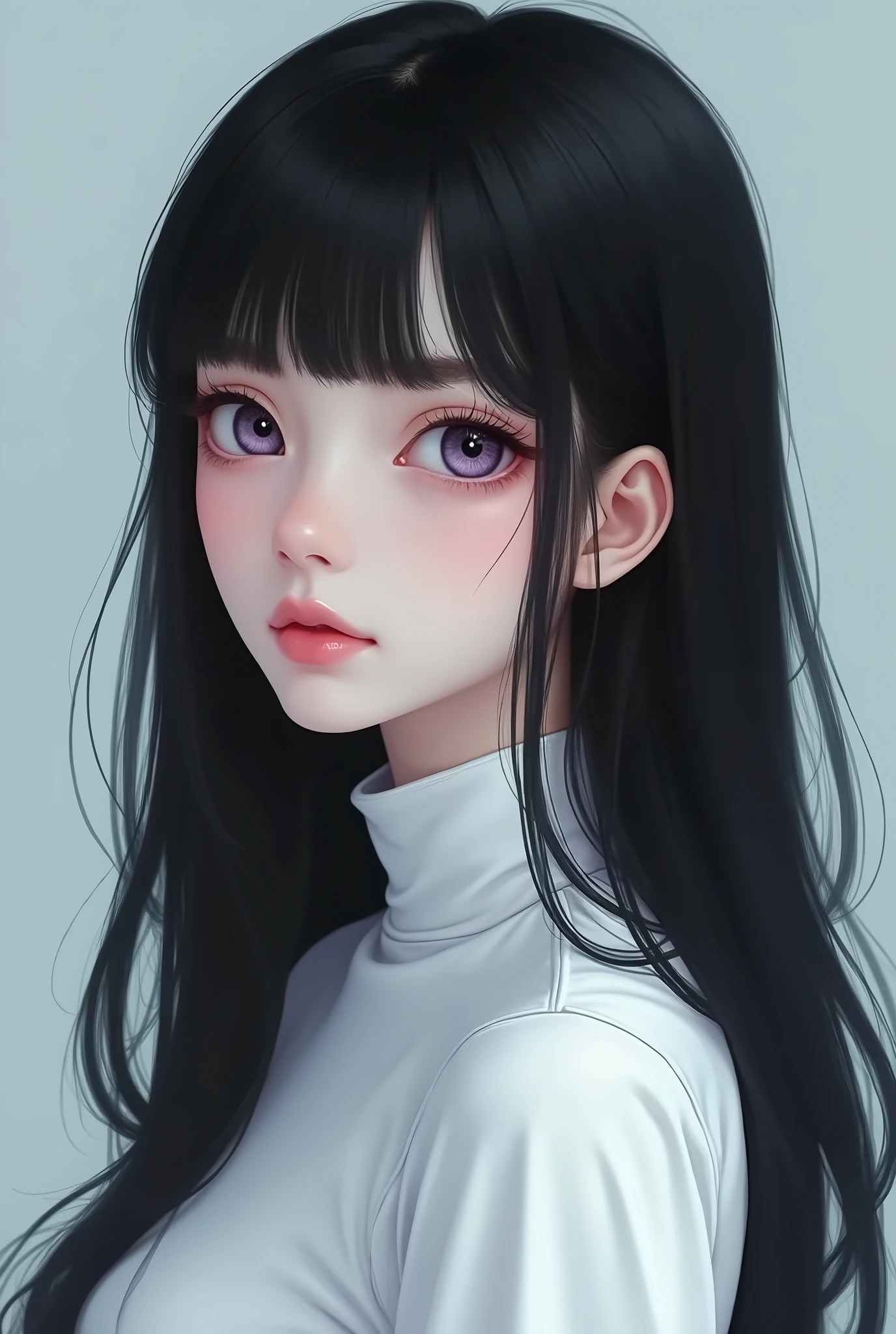 Create a hyper-realistic digital portrait of a young woman with long, straight black hair and blunt bangs. She has large, striking lavender eyes that stand out against her pale complexion. The style should be highly detailed, focusing on her delicate features, with a slightly ethereal or otherworldly vibe. The woman is wearing a high-necked white top, adding to the clean and minimalist aesthetic. The overall mood of the image should be calm and mysterious, with a soft lighting that highlights her facial features.