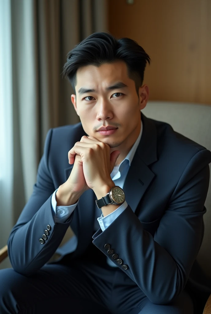 Belle homme en costume type japanese jeune muscle blond au yeux bleu, Photographed with a smartphone, Selfie, Top quality, 1 beautiful men, Perfect Face, Japanese men, age 41, suit, short hair, black hair, Sitting in a chair, hands on chin,