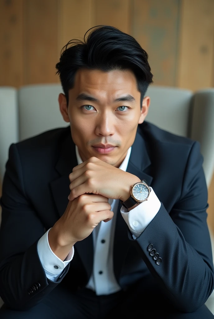 Belle homme en costume type japanese jeune muscle blond au yeux bleu, Photographed with a smartphone, Selfie, Top quality, 1 beautiful men, Perfect Face, Japanese men, age 41, suit, short hair, black hair, Sitting in a chair, hands on chin,
