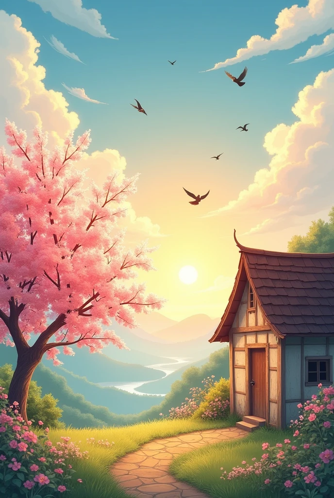 A cover photo 640 × 360 pixels . A small house rightside near a cherry fruit tree. Sun is rising. Birds are flying in the sky.