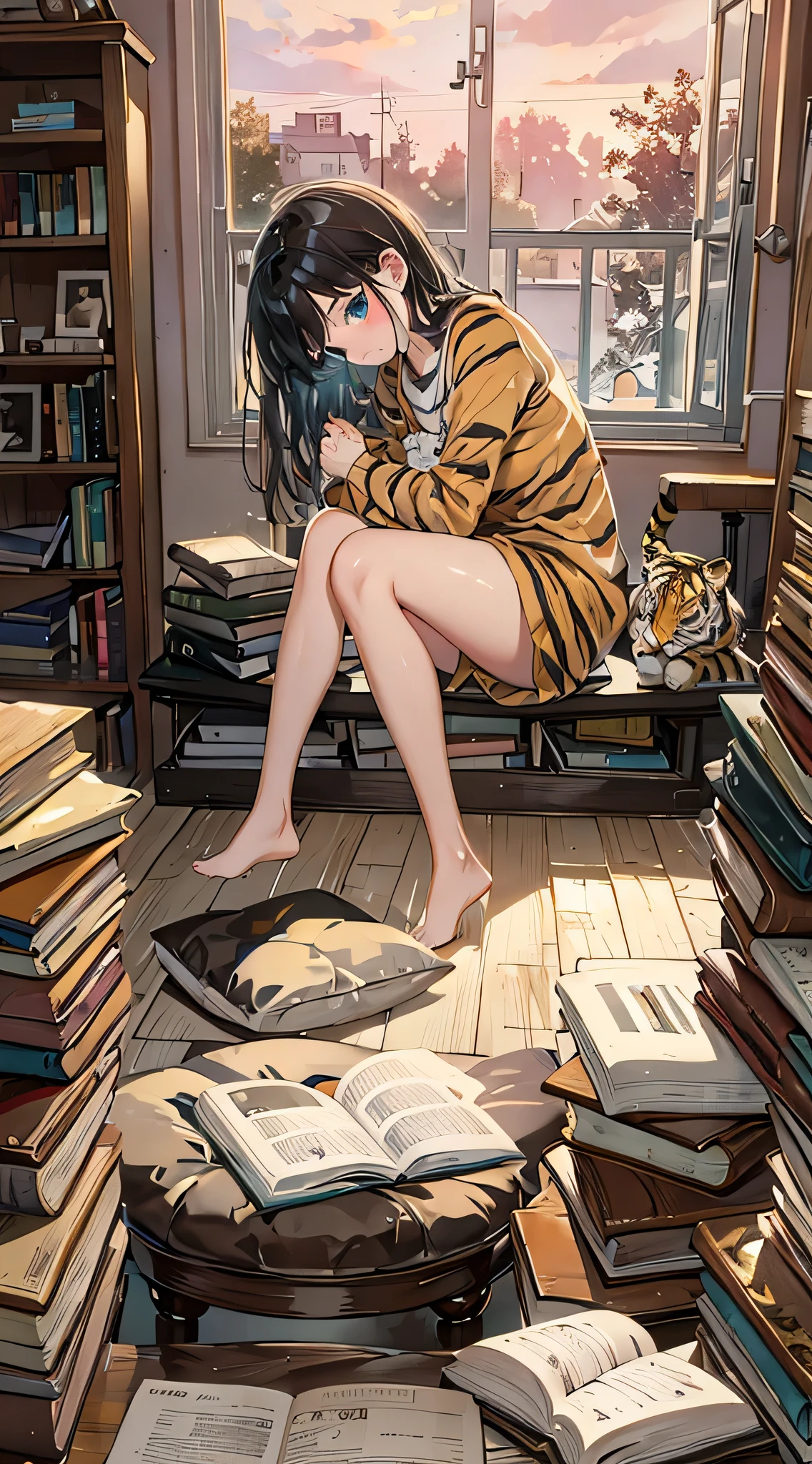 woman, tiger, aniaml, doll, cute, small, one room, warm, studying, books, coffee