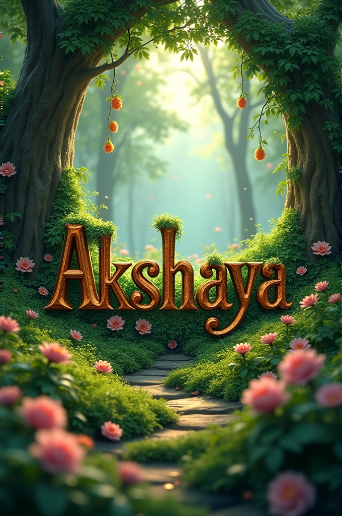Text “AKSHAYA” in a beautiful forest, full decoration
