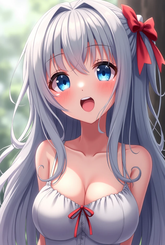 One girl, Blushing, Open your mouth, Gray Hair, Long Hair, Large Breasts, blue eyes, Sticking out tongue, saliva, Drooling, Simple Background, ribbon, Background blur, anime, Small face