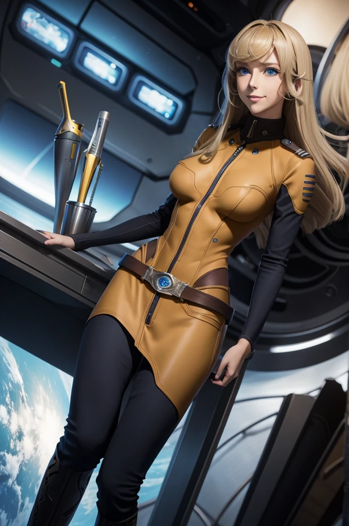 Anime style female character inspired by vintage space opera aesthetics, with elongated facial features, 165 cm tall, having blond, waist-length, wavy hair with V bangs, and blue eyes. She is wearing ultra tight skinny jeans with high riding boots over them, adding an equestrian touch to her ensemble. The character's design reflects a blend of space opera elements and a realistic body proportion, highlighting her strong yet feminine presence, big boobs,big ass, smile