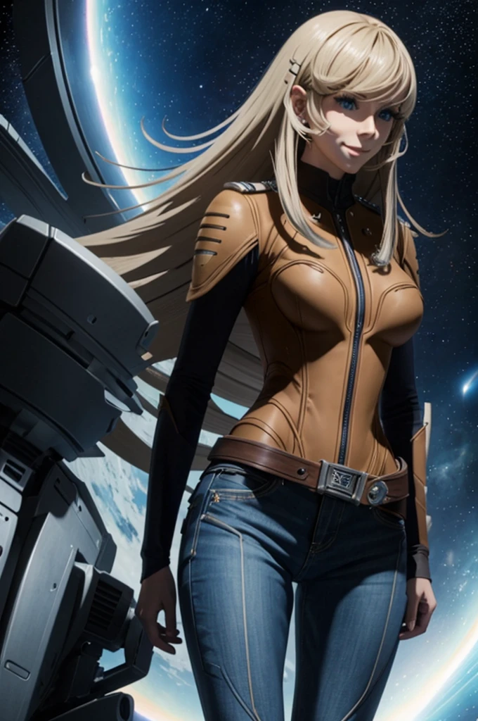 Anime style female character inspired by vintage space opera aesthetics, with elongated facial features, 165 cm tall, having blond, waist-length, wavy hair with V bangs, and blue eyes. She is wearing ultra tight skinny jeans with high riding boots over them, adding an equestrian touch to her ensemble. The character's design reflects a blend of space opera elements and a realistic body proportion, highlighting her strong yet feminine presence, big boobs,big ass, smile