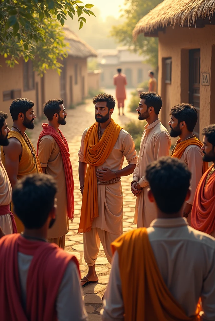 The village people are gathered around, admiring Ram's sincerity and hard work, while Shyam looks regrets