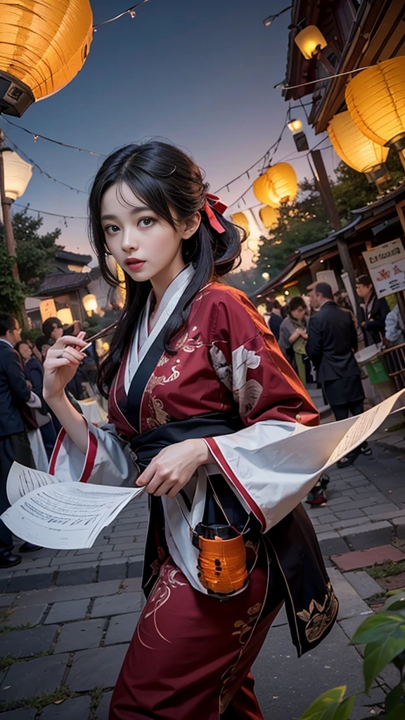 official art, unity 8k wallpaper, ultra detailed, beautiful and aesthetic, masterpiece, best quality, (Fire, water, ribbon, paper cutting), (fractal art:1.3) 1girl,building, (solo:1.5), chinese_clothes, sky, outdoors, wide_sleeves, black_hair, sunset, (falling_leaves:1.2), antern, (paper_lantern:1.5),blue sky, (outdoors:1.5),hanfu, (rainbow-candy:0.8), (style-swirlmagic:0.8),