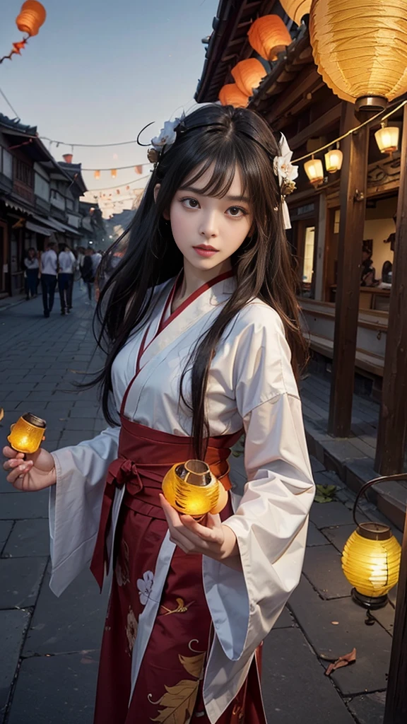official art, unity 8k wallpaper, ultra detailed, beautiful and aesthetic, masterpiece, best quality, (Fire, water, ribbon, paper cutting), (fractal art:1.3) 1girl,building, (solo:1.5), chinese_clothes, sky, outdoors, wide_sleeves, black_hair, sunset, (falling_leaves:1.2), antern, (paper_lantern:1.5),blue sky, (outdoors:1.5),hanfu, (rainbow-candy:0.8), (style-swirlmagic:0.8),