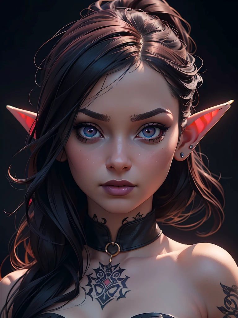 beautiful detailed eyes, beautiful detailed lips, extremely detailed face and eyes, long eyelashes, 1girl, asian, elf, goth, pink, black, leather, straps, nude, short bangs, ponytail, topless, tattoos, piercings, red eyes, (best quality, 4k, 8k, highres, masterpiece:1.2), ultra-detailed, (realistic, photorealistic, photo-realistic:1.37), dark fantasy, surreal, cinematic lighting, dramatic lighting, rich colors, vivid colors