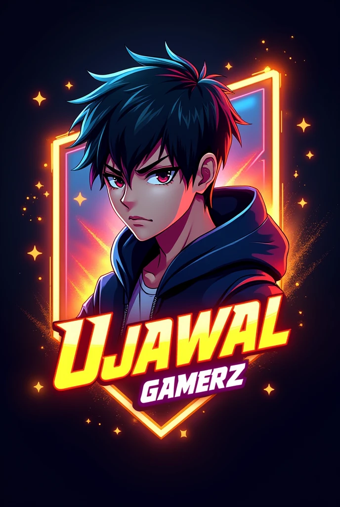 This is a gaming logo that features the name "UJJAWAL GAMERZ" in a futuristic font and a neon golden color. Anime boy Avatar