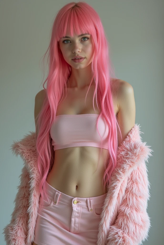 A completely naked age girl with bare breasts and very long pink hair wearing a crop top, a fluffy jacket and a very short miniskirt