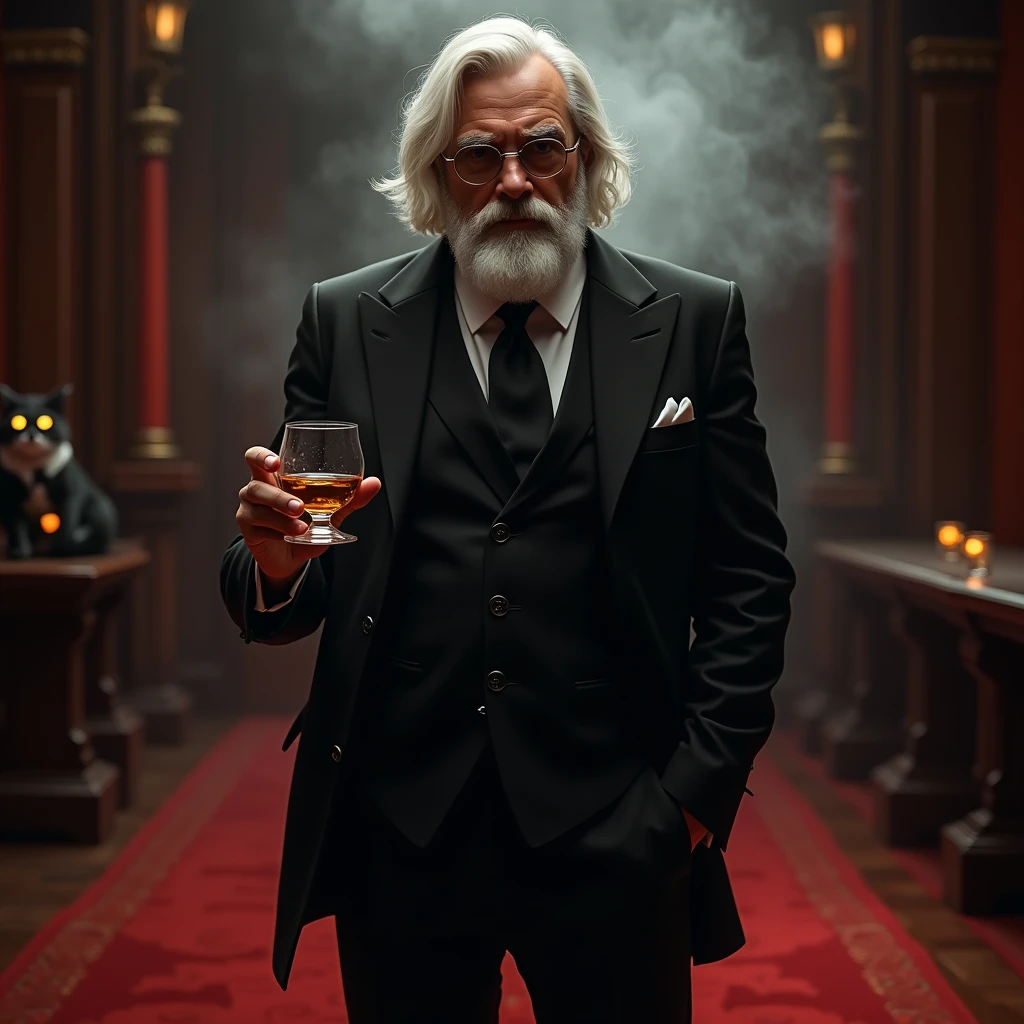 Create a realistic image where a 2 young man with mid long white hair and beard wearing black luxury suit and a transparent black spectacles and standing on luxury floor with red carpet, he's holding a whiskey glass in his hand and second hand in his pants pocket, there is smoke in background a shadow of cat and cat's eyes is glowing in yellow colour. In background the name "Kristoff" is showing in bold effects just attached above the chair the head of the character as per his name.