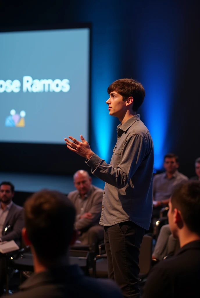 Young person of 30 years giving a lecture. There is a screen with the letters "Jose Ramos" as sponsor of the event and "google"