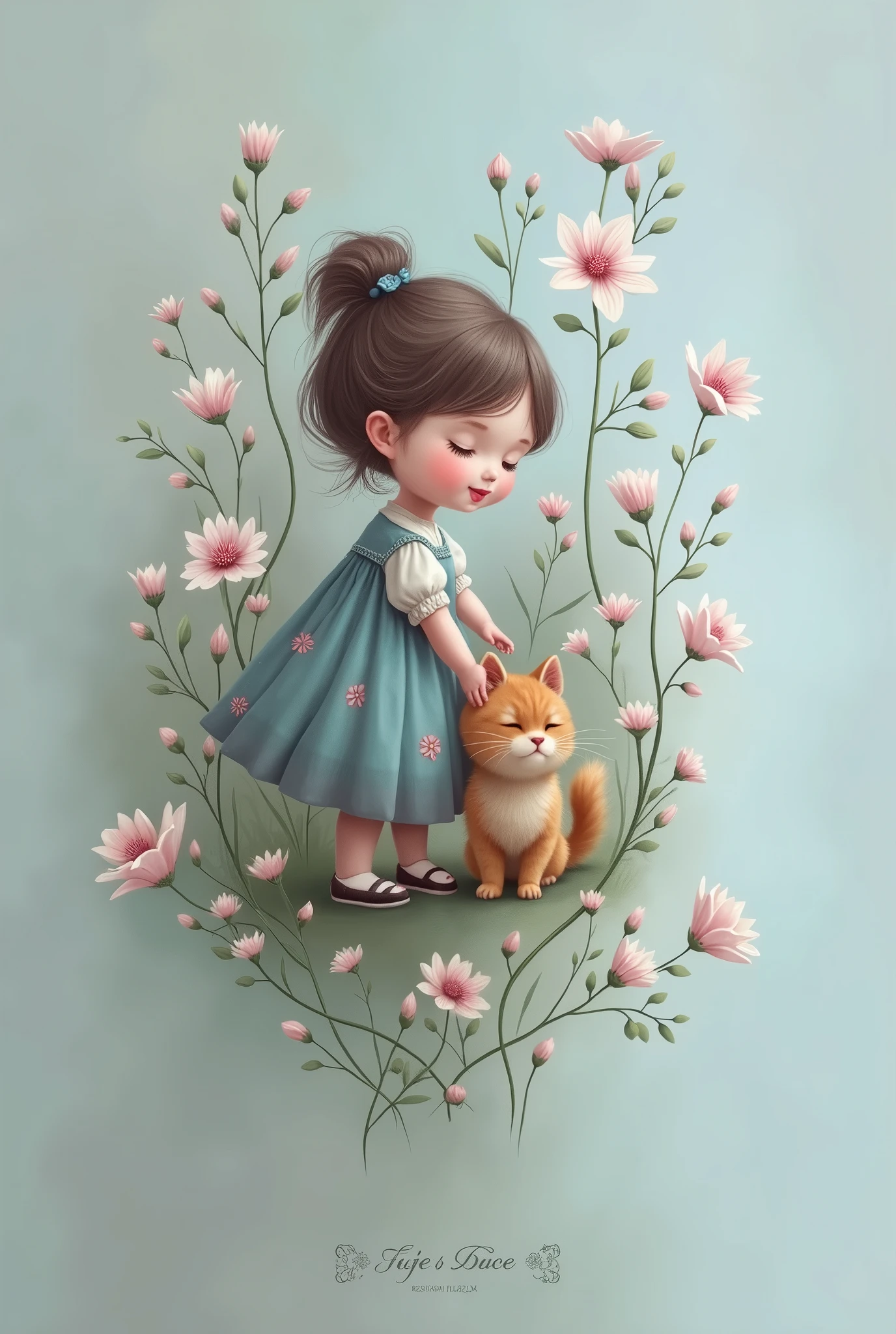 Scribble of chibi girl with cat, floral design, pastel color, Ivan Bilibin, soft-shading, vintage 1900s art, muted color