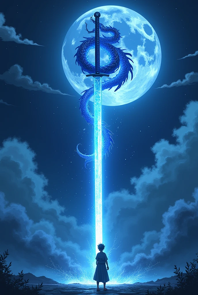 Blue moon katana shining where the sword shows blue dragon around it while a boy is drawing his katana demon slayer anime
