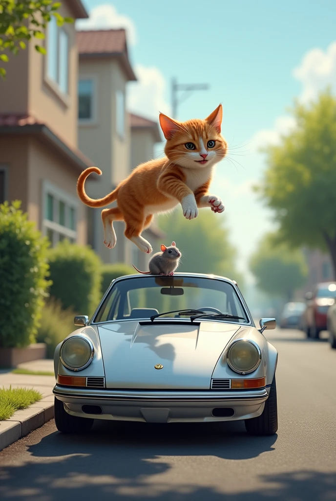 A cat jump over the car and a mouse sit on same car