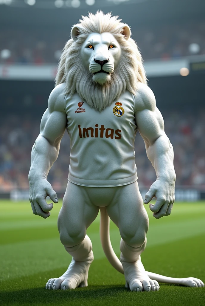 Un lion blanc debout comme un humain et qui porte le maillot du fc Real Madrid sur un terrain de football 