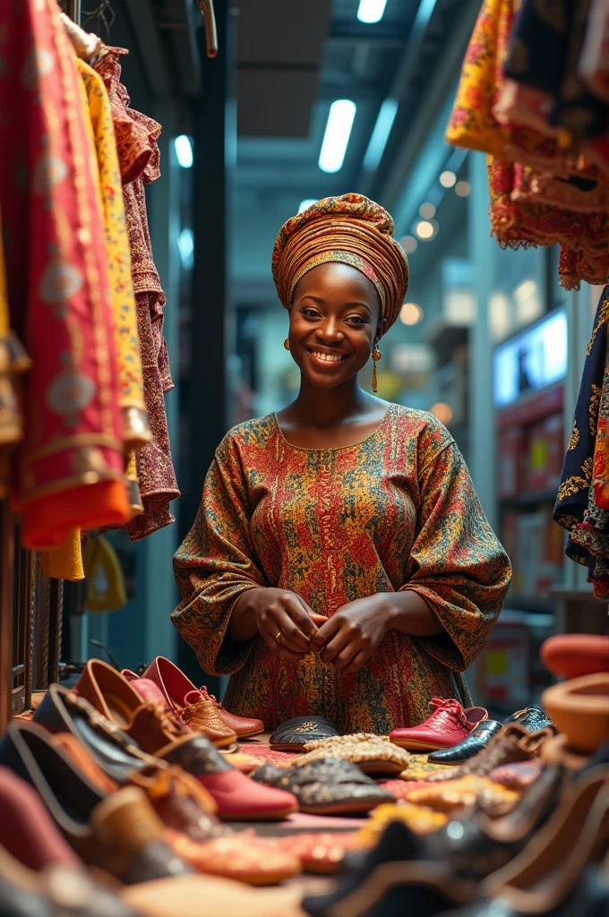 A stunning and beautiful picture of an African woman selling footwears, clothes and bags in ultra modern market called "Haggy Stores"