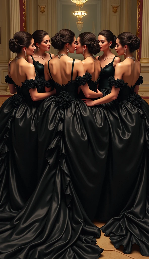 highest quality, masterpiece, highest resolution, artwork, super それにget used to it, many get used to it, get used to it, それにget used to it,((top view angle shows full entire crimson satin silk fabric)),love,romantic, six women,breasts cleavage, two woman kiss and four women surrounded them,two women and with jewellry standing hug kissing each of their partners on the floor,two women surrounded by four women in luxurious black satin dresses,((black satin elegant comfy dresses with a large and long skirt surrounding and covering the floor like a satin blanket)), black comfy satin evening dresses rose flowers on dress decoration,((Gorgeous goddess rococo robe satin dress with voluminous full-length hoop skirt)),black long sleeve with gloves,long train skirt comfy dresses,A comfy dress with full satin fabric...,luxury shiny satin fabric,((Palace full luxurious extend side black shiny satin fabric flooding on the floor)),entire floor covered by extend stretched flares train skirt dresses fabric,((extend side of black satin fabric)),Frilled velvet black fabric,many rose flowers on the floor, many rose flowers decoration enitre the dresses,((six women standing hug kissed each other while wrapped in black satin dresses skirt on the floor)),luxurious shiny satin skirt fabric