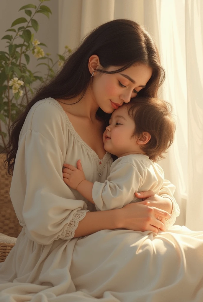 Woman with child on lap, the child is holding her chest