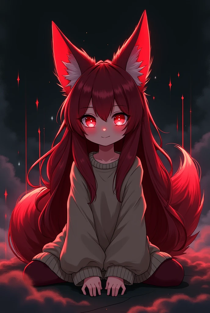 Female, Mobian, Fox, (((child))), (((2D Anime Style))), (solo), (1girl), high quality digital art, red and black neon lines sketch art, black cloudy background, a dark crimson furred female anthropomorphic Fox, has glowing red eyes, (((dark crimson fur))), sitting with hands on knees, (childish smiling), open mouth, (((VERY long and wavy dark crimson hair))), (large and long hair bangs), wispy lines, comfy loose sweater, large sleeves pass hands, (facing viewer)