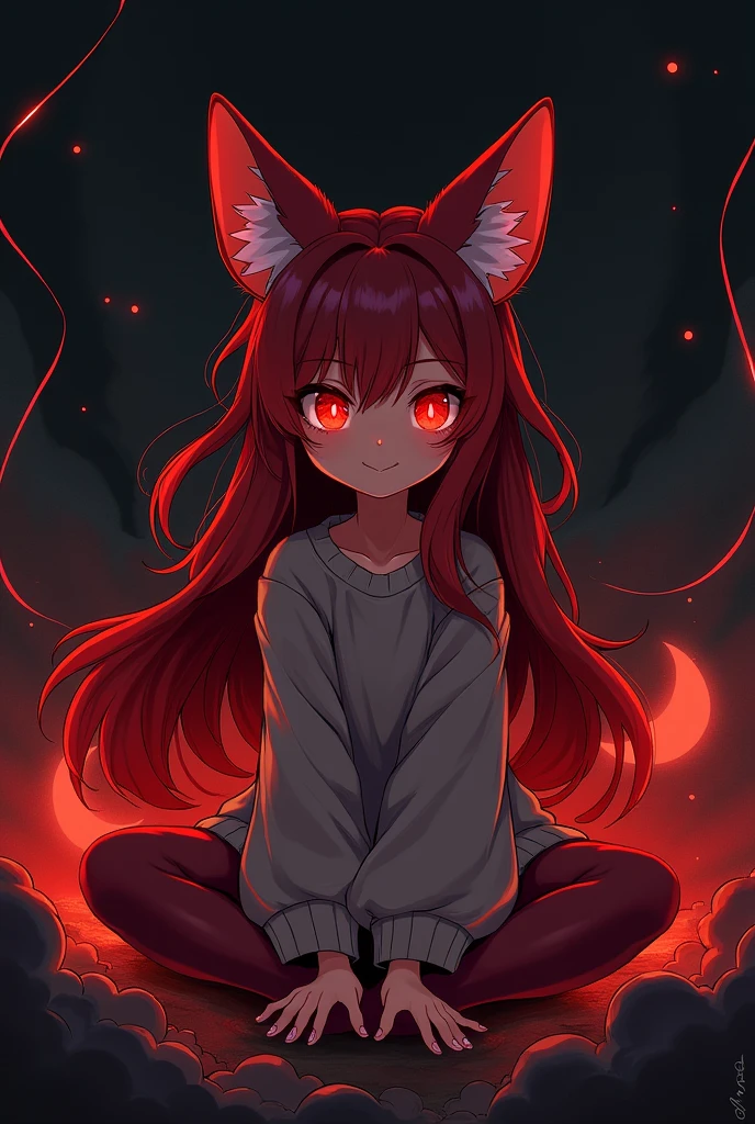 Female, Mobian, Fox, (((child))), (((2D Anime Style))), (solo), (1girl), high quality digital art, red and black neon lines sketch art, black cloudy background, a dark crimson furred female anthropomorphic Fox, has glowing red eyes, (((dark crimson fur))), sitting with hands on knees, (childish smiling), open mouth, (((VERY long and wavy dark crimson hair))), (large and long hair bangs), wispy lines, comfy loose sweater, large sleeves pass hands, (facing viewer)