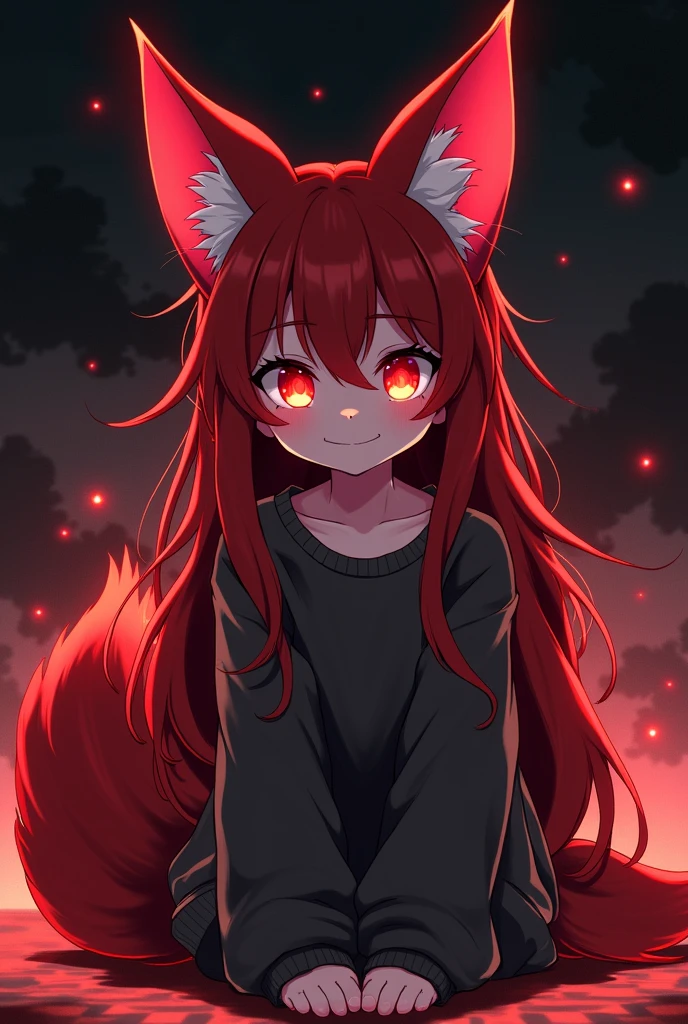 Female, Mobian, Fox, ((())), (((2D Anime Style))), (solo), (1girl), high quality digital art, red and black neon lines sketch art, black cloudy background, a dark crimson furred female anthropomorphic Fox, has glowing red eyes, (((dark crimson fur))), sitting with hands on knees, (childish smiling), open mouth, (((VERY long and wavy dark crimson hair))), (large and long hair bangs), wispy lines, comfy loose sweater, large sleeves pass hands, (facing viewer)