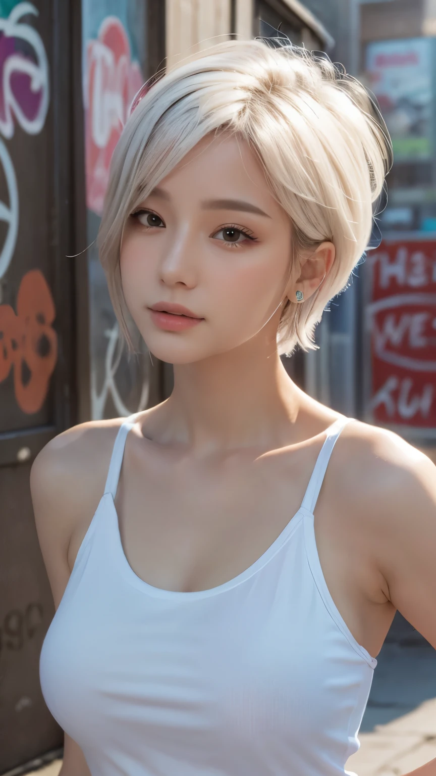 masterpiece, Highest quality, Very detailed, 8k, Realistic, One Girl, alone, Tomboy, Very detailed face, (head shot:1.5), Standing in front of a wall covered in hip hop graffiti, Pixie cut white hair, He is wearing a short tank top,I can see your chest,Nice ass,